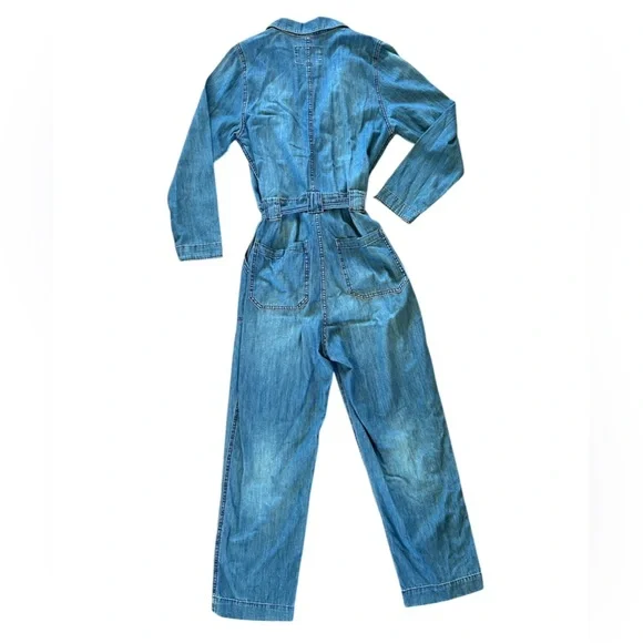 & Denim | Women's Medium Blue Lightweight Denim Jumpsuit tie waist hidden button - Picture 3 of 16